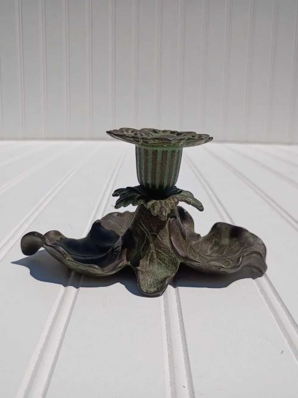 Vintage Cast Brass Taper Candle Holder Floral Leaf Verdigris Green Bronze Dish